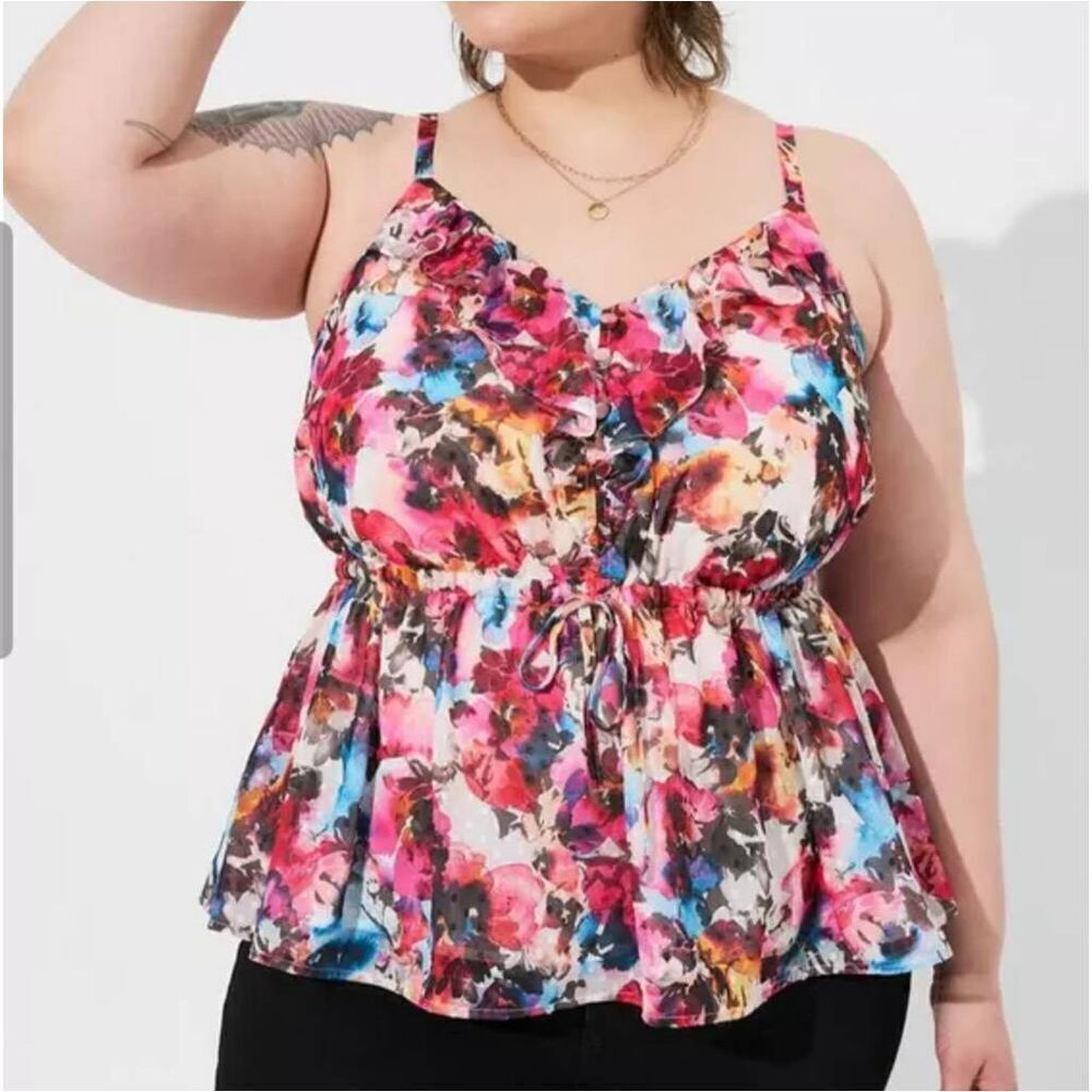 Torrid Chiffon Clip Dot Ruffle Tie Waist Tank Top